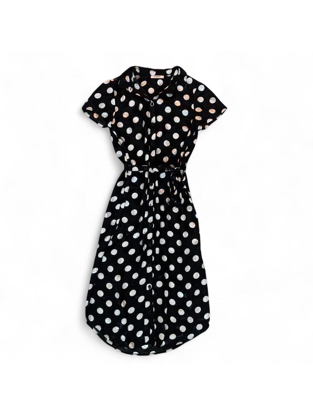 PIECES Black White Polka Dot Midi Shirt Dress Short Sleeve Belted Sz S